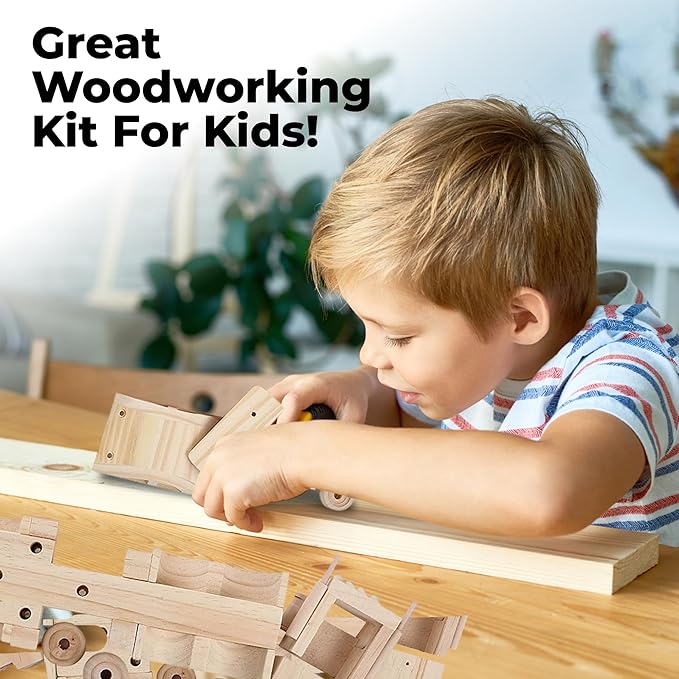 Kraftic Woodworking Building Kit for Kids and Adults, 3 Educational DIY Carpentry Construction Wood Model Kit Toy Projects for Boys and Girls, Build a Wooden Food Truck, Racing Car and Garbage Truck