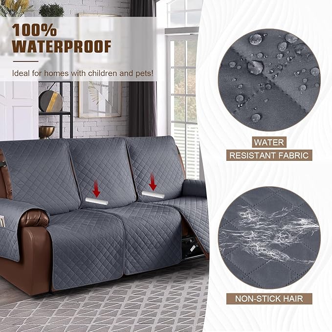 KinCam Waterproof Recliner Sofa Cover, Non-Slip Reclining Couch Covers for 3 Seat, Recliner Couch Cover Furniture Protector with Elastic Straps for Pets, Kids, Dark Gray