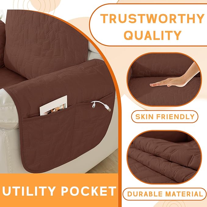 XINEAGE 100% Waterproof Recliner Chair Covers with Elastic Straps, Nonslip Reclining Couch Covers Washable Recliner Couch Cover with Pockets Furniture Protector for Pets Dogs (Coffee, 25")