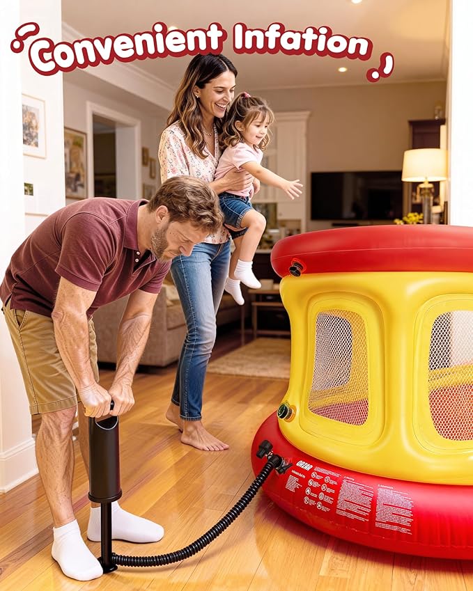 All-in-1 Inflatable Bounce House Trampoline for Toddlers 1-3, with Manual Air Pump, Thick Textured Non-Slip PVC, Safety Net, Kids Indoor and Outdoor Play(51'', Balls not Included)