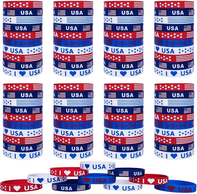 100Pcs American Flag Silicone Bracelets, Election Fourth 4th of July Party Accessories USA Veterans Day Memorial Day Patriotic Party Red White and Blue Wristband Party Favors School Gifts