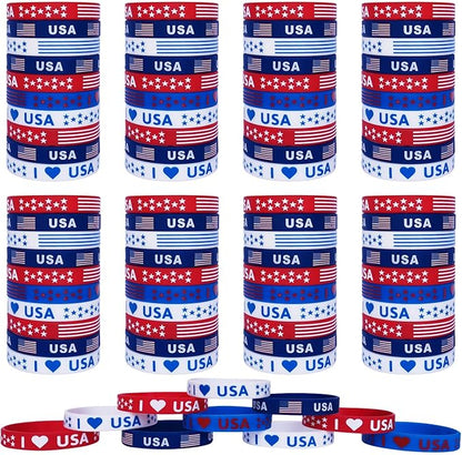 100Pcs American Flag Silicone Bracelets, Election Fourth 4th of July Party Accessories USA Veterans Day Memorial Day Patriotic Party Red White and Blue Wristband Party Favors School Gifts
