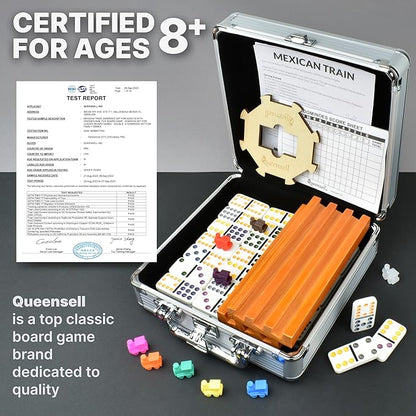 Mexican Train Dominoes Set with 4 Holders - Dominoes Double 12 with Wooden Hub and Tiles Holders - Double 12 Dominos Set for Family Game Night for Adults and Kids Ages 8 and up (D12 + 4 Holders)