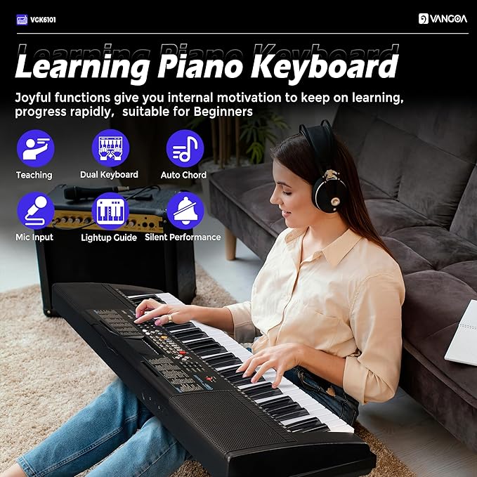 Vangoa 61 Key Keyboard Piano, Light-Up Electric Piano Keyboard Kit with 600 Voices, 400 Rhythms with Piano Stand, Microphone, Recording/USB, Gift for Beginners, Black (VGK6101)