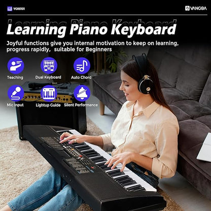 Vangoa 61 Key Keyboard Piano, Light-Up Electric Piano Keyboard Kit with 600 Voices, 400 Rhythms with Piano Stand, Microphone, Recording/USB, Gift for Beginners, Black (VGK6101)