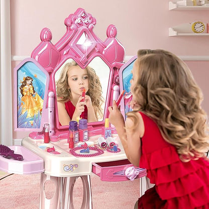 Pretend Play Girls Makeup Table Set with Stool，Open Doors by Gestures，Kids Vanity Set with Lights and Music，Toddler Beauty Salon Set with Makeup Accessories & Hair Dryer，Toy for Toddlers 2-5 Years Old