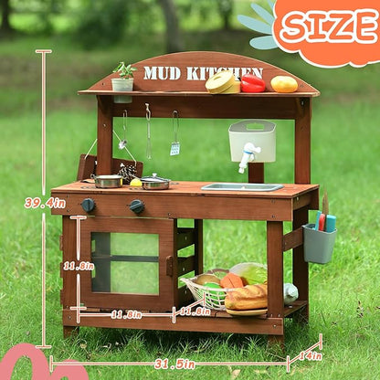 Mud Kitchen for Kids Outdoor, Kids Play Kitchen with Accessories Wooden Play Kitchen Set with Sink, Faucet, Plants Observation Room, Toddler Outdoor Mud Kitchen for Backyard Garden
