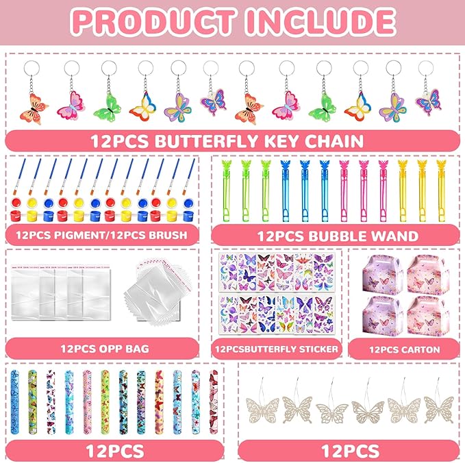 Butterfly Party Favors Birthday Decorations Fairy Themed Birthday Party Supplies for Girls Kid Straw Bubble Wand Slap Bracelet Keychain Gift Prize Goodie Bag Stuffer Classroom Reward