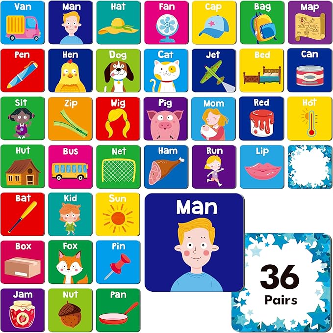 Hebayy CVC Word Matching Game, 72 PCS CVC Words Memory Matching Cards for Toddlers 36 Pairs Memory Cards Educational Toys for Preschool Boys & Girls 4 5 6 Years Old