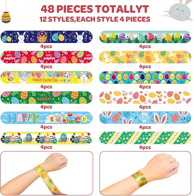 48 PCS Easter Slap Bracelets for Kids – Fun Bunny & Egg Designs, Party Favors, Goodie Bag Fillers, and Classroom Prizes