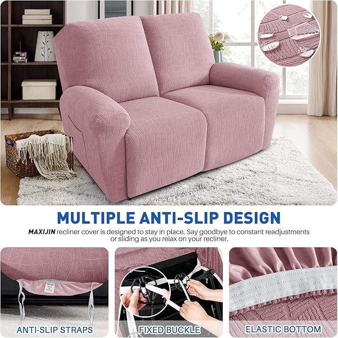 MAXIJIN Waterproof Loveseat Recliner Cover 4 Pieces Reclining Love Seat Slipcvers, Recliner Sofa Cover 2 Seater with Elastic Straps & Pockets for Pet, Kids (Loveseat Recliner, Dusty Pink)