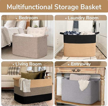 Goodpick 105L Extra Large Woven Blanket Basket Cotton Rope Storage Baskets for Organizing, Kids Toy Storage Organizer for Living Room Nursery, 25"x16"x16", Black & Jute