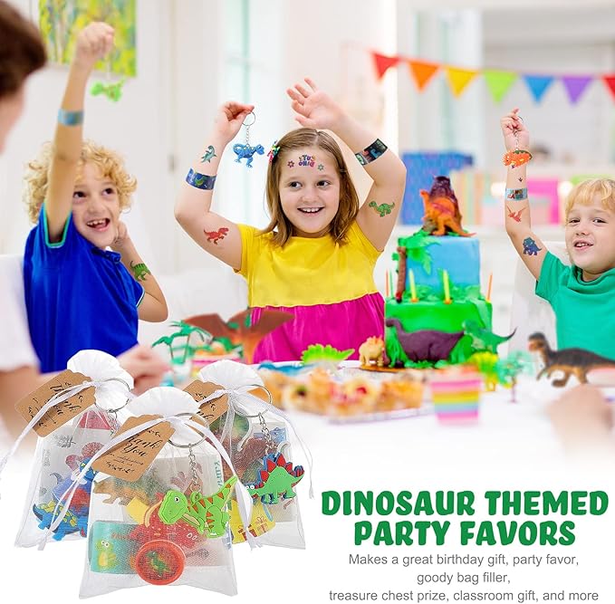 Hungdao 178 Pcs Dinosaur Birthday Party Favors for 16 Kids with Dinosaur Keychain Sticker Stamp Ring Slap Bracelet Tattoo Sticker Gift Bag Tag for Dinosaur Boys and Girls Party Carnival Gift Fillers