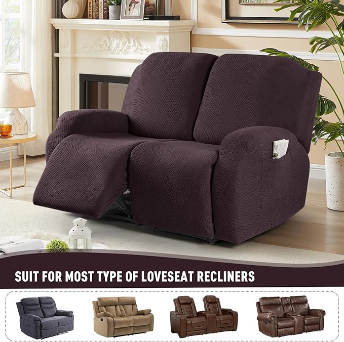 KinCam Recliner Covers, Stretch Reclining Chair Covers, Recliner Sofa Slipcovers Stripe Jacquard Recliner Couch Covers Furniture Protector Covers for Pet Kid (2XL Seater, Chocolate)
