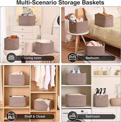 ICERZCZ Storage Baskets for Organizing Shelves, Woven Cotton Rope Bins for Baby Nursery Organization, Book Toy Towel Organizer, 15"x11"x9.5", 3 Packs, Dark Brown