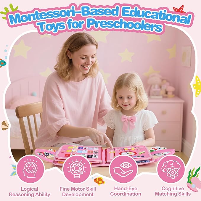 GONINO Toddler Busy Board Montessori Toys for 1-3 Year Old Girls, Sensory Busy Book for Toddlers 1-3, Learning Activities for Fine Motor Skills, Travel Toys for Airplane Car, Gifts for 1 Year Old Girl