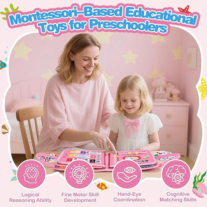 GONINO Toddler Busy Board Montessori Toys for 1-3 Year Old Girls, Sensory Busy Book for Toddlers 1-3, Learning Activities for Fine Motor Skills, Travel Toys for Airplane Car, Gifts for 1 Year Old Girl