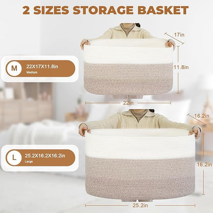 danpinera 108L Large Blanket Basket for Living Room, Woven Storage Basket with Leather Handles, Cotton Rope Storage Organization in Nursery for Toys & Clothes 25 ''* 16 ''*16 '', Gradient Brown