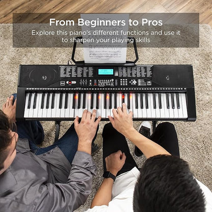 Best Choice Products 61-Key Beginners Complete Electronic Keyboard Piano Set w/Lighted Keys, LCD Screen, Headphones, Stand, Bench, Teaching Modes, Note Stickers, Built-In Speakers - White