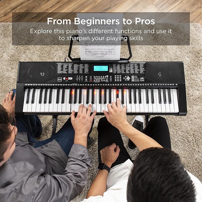Best Choice Products 61-Key Beginners Complete Electronic Keyboard Piano Set w/Lighted Keys, LCD Screen, Headphones, Stand, Bench, Teaching Modes, Note Stickers, Built-In Speakers - Red