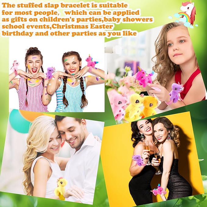 12 Pack Plush Animal Slap Bracelet Unicorn Plush Slap Bracelet Unicorn Stuffed Huggers Pat Ring Bulk for Animal Party Favor Christmas Birthday Gift Fillers, 12 Styles