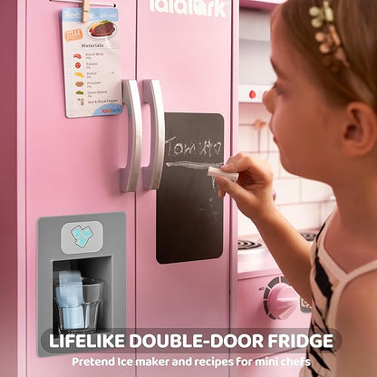 Play Kitchen Set for Toddlers, Wooden Toy Playset with Real Lights & Sounds, Double-Door Fridge, Ice Maker & Cookware Accessories, Pretend Play Kitchen Set for Kids, Gift for Ages 3+