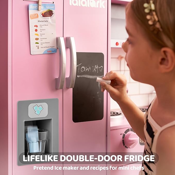 Play Kitchen Set for Toddlers, Wooden Toy Playset with Real Lights & Sounds, Double-Door Fridge, Ice Maker & Cookware Accessories, Pretend Play Kitchen Set for Kids, Gift for Ages 3+