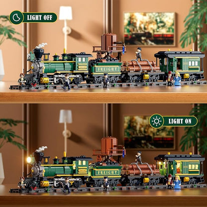 Funwhole Wild West Freight Train Lighting Building-Bricks Set - Classic 4-4-0 Locomotive Model 1524 Pcs Ideas Kit for Adult and Teens