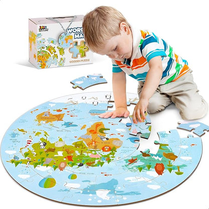 iPlay, iLearn Floor Puzzles for Kids Ages 3-5 4-8, Toddlers Wooden Jigsaw Puzzles, Round World Map Puzzle Toy W/Large Pieces, Geography Educational Birthday Gifts for 6-7 Year Old Boys Girls Children