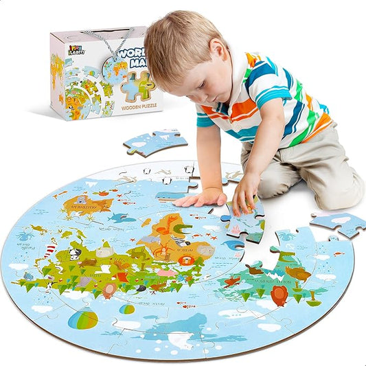 iPlay, iLearn Floor Puzzles for Kids Ages 3-5 4-8, Toddlers Wooden Jigsaw Puzzles, Round World Map Puzzle Toy W/Large Pieces, Geography Educational Birthday Gifts for 6-7 Year Old Boys Girls Children