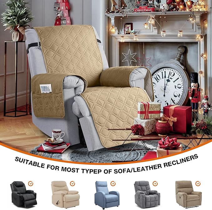VANSOFY 100% Waterproof Recliner Chair Covers, Recliner Cover Non-Slip Dog Chair Cover Furniture Protector Washable Slipcover with Pocket, Elastic Straps for Pets, Dogs(Sand, 28")