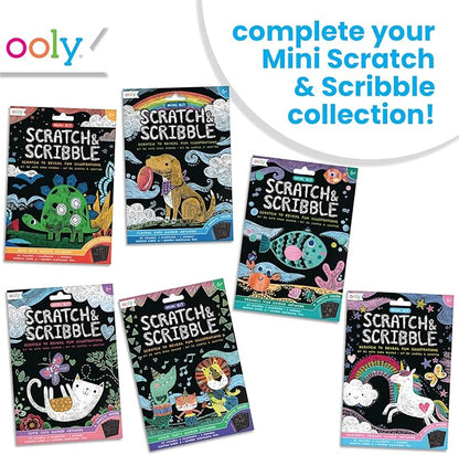 Ooly Mini Scratch & Scribble Art Kit - 6 Card Rainbow Scratch Art Set Gifts for Kids, Travel-Friendly Craft Kit, Scratching Tool Included - Safari Party