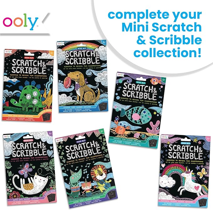 Ooly Mini Scratch & Scribble Art Kit - 6 Card Rainbow Scratch Art Set Gifts for Kids, Travel-Friendly Craft Kit, Scratching Tool Included - Friendly Fish