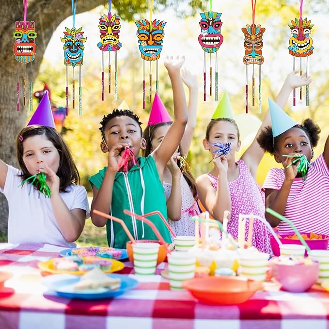 Fennoral 9 Pack Wind Chime Kit for Kids Make Your Own Tiki Wind Chime Wooden Arts and Crafts for Girls Boys DIY Coloring Hawaii Craft for Hawaii Summer Aloha Party Supplies Luau Party Decoration