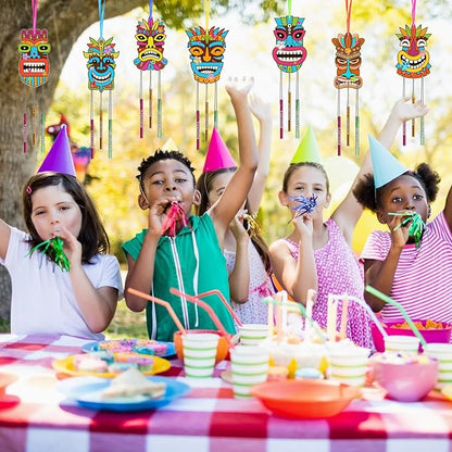 Fennoral 9 Pack Wind Chime Kit for Kids Make Your Own Tiki Wind Chime Wooden Arts and Crafts for Girls Boys DIY Coloring Hawaii Craft for Hawaii Summer Aloha Party Supplies Luau Party Decoration