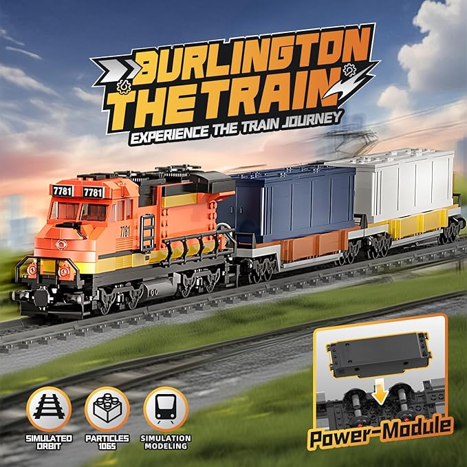 Burlington Train Building Set, Freight Cargo Train, with Rechargeable Motorized Working Head, 2 Coaches and 32 Tracks, Gift for Boys&Girls Teens Age12-16 (1065 Pieces)