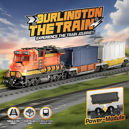 Burlington Train Building Set, Freight Cargo Train, with Rechargeable Motorized Working Head, 2 Coaches and 32 Tracks, Gift for Boys&Girls Teens Age12-16 (1065 Pieces)
