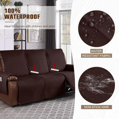 KinCam Waterproof Recliner Sofa Cover, Non-Slip Reclining Couch Covers for 3 Seat, Recliner Couch Cover Furniture Protector with Elastic Straps for Pets, Kids, Coffee