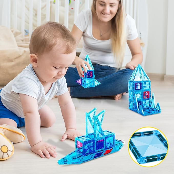 PicassoTiles 71pc Mini Diamond Series Winter Ice Theme Magnetic Tile Building Blocks 2 Character Action Figures Travel Size On-The-Go Magnet Construction Toy Set STEM Development Kit Ages 3+ PTM71