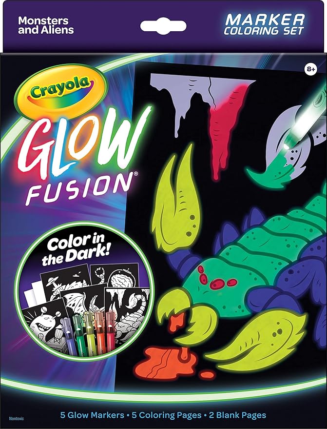 Crayola Glow Fusion, Glow in The Dark Coloring Set with Markers, Alien & Monster Coloring Pages, Gift for Kids