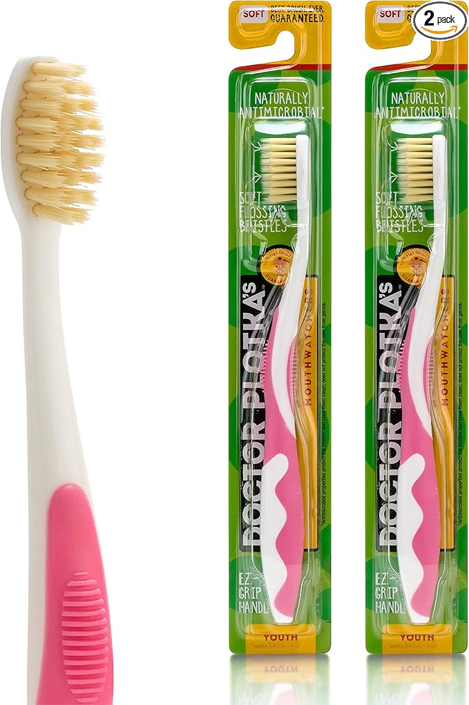 MOUTHWATCHERS Soft Kids Toothbrush, 2 Pack, Manual Flossing Toothbrush, Ultra Clean, Pink Childrens Toothbrushes, by Dr. Plotka's