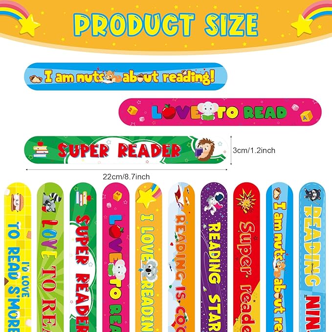 Frienda 65 Pcs Reading Gifts Bulk Love to Read Slap Bracelets Party Favors Inspirational Reading Stickers Pins Badge for Students Rewards Boys and Girls Sunday School Book Party Favor Supplies