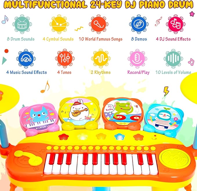 Costzon 24-Key Kids Piano Keyboard Toy, Toddler Electronic Musical Instrument Educational Toy w/Microphone, Multiple Sounds, Record Playback, Lights & Stool, Birthday Gift for Girls Boys Age 3+, Blue