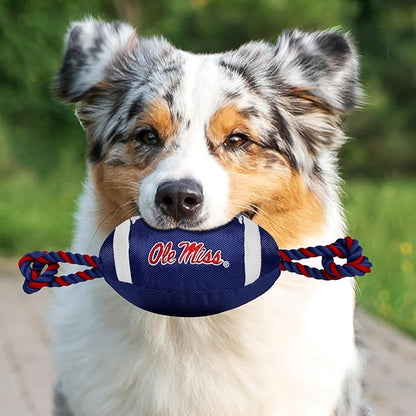 Pets First OLE Miss Football Dog Toy, Tough Quality Nylon Materials, Strong Pull Ropes, Inner Squeaker, Collegiate Team Color