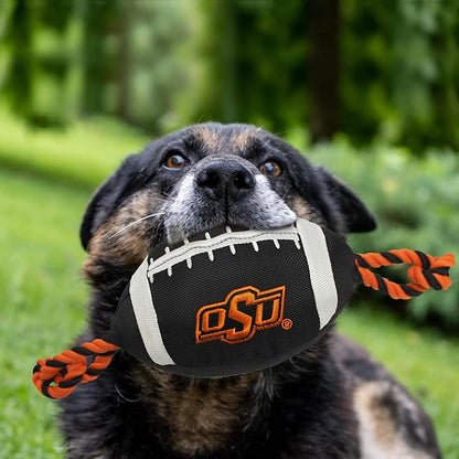 Pets First NCAA Oklahoma State Cowboys Football Dog Toy, Tough Quality Nylon Materials, Strong Pull Ropes, Inner Squeaker, Collegiate Team Color