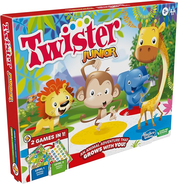 Hasbro Gaming Twister Junior Game, Animal Adventure 2-Sided Mat, 2 Games in 1, Party Game for Kids Ages 3 and Up, Indoor Game for 2-4 Players