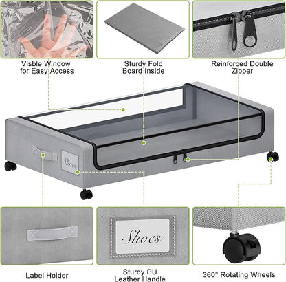 Tututry Under Bed Storage with Wheels, XXL 60L Under the Bed Storage Bins, Underbed Storage Containers with Lids & Label, Rolling Metal Drawer for Shoes, Clothes, Books, Toys (2-Pack Gray)