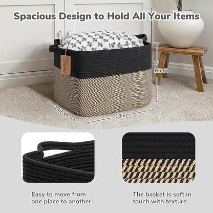 Goodpick Woven Storage Baskets for Organizing, 18" x 14" x 12" Wicker Laundry Basket for Shoes,Towel, Blanket Basket for Living Room, Toy Baskets Storage Kids with Handles