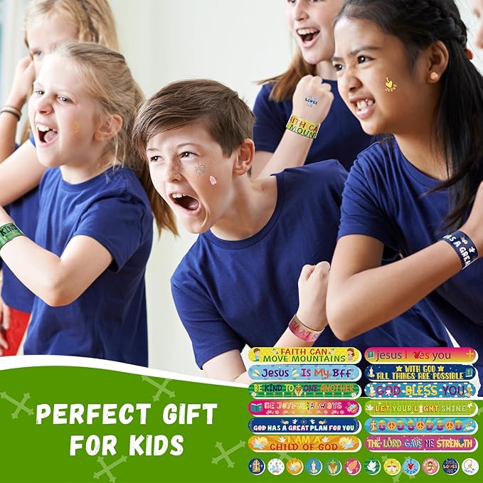 Jenaai 96 Pcs Religious Slap Bracelets with Stampers Bulk Assorted Jesus Love You Wristbands Christian Gifts for Kids Religious Prizes Bible Verse Party Favors for Sunday School Boys Girls