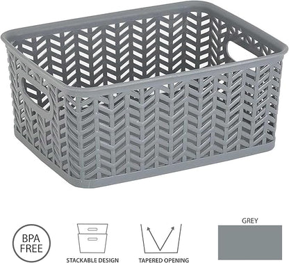 Simplify Small Herringbone Bin | Storage Tote Basket | Organizer | Decorative | Good for Closets | Countertops | Desks | Dressers | Accessories | Cleaning Products | Sports Equipment | Toys | Grey